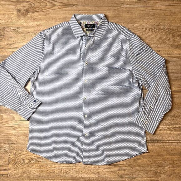 Original Penguin‎ Men's Blue White Heritage Slim Fit Button Up Shirt Size 32/33 - Picture 1 of 8